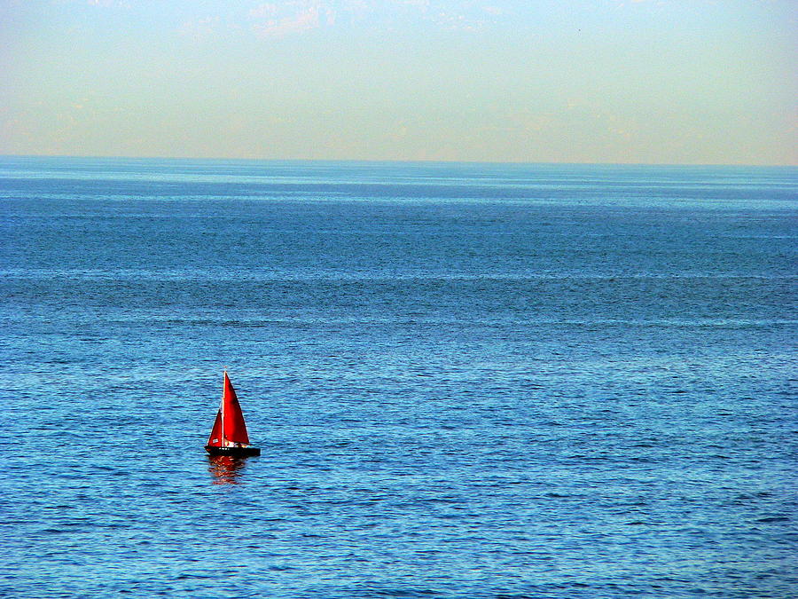 Little Red Sailboat Big Sea Photograph by Jeff Lowe