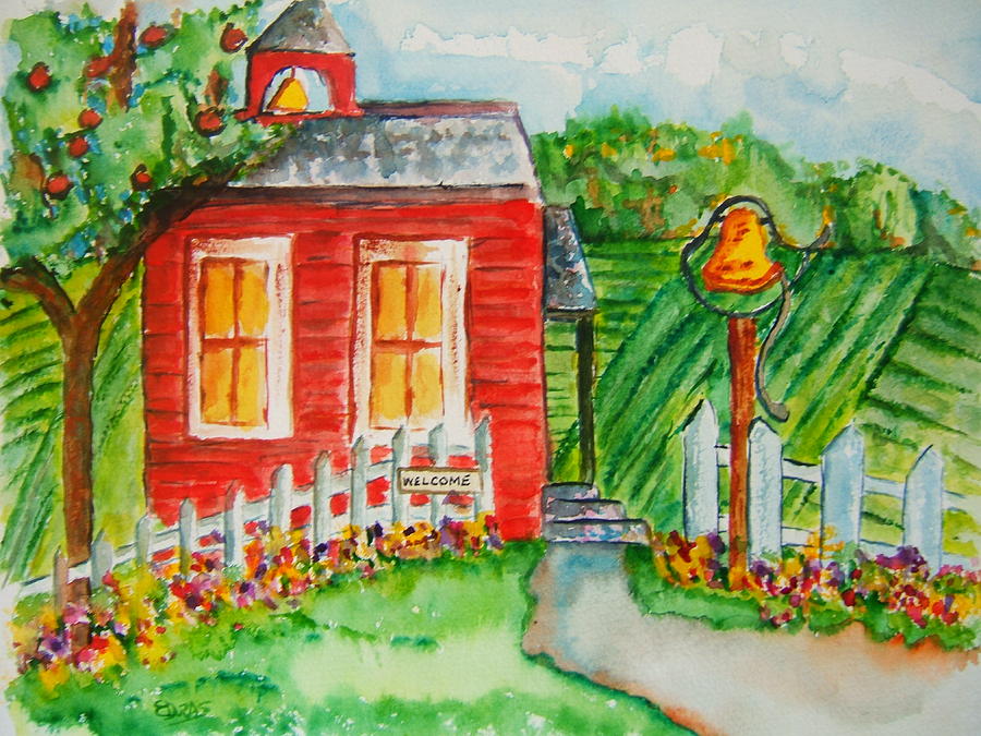 Flower Painting - Little Red Schoolhouse by Elaine Duras