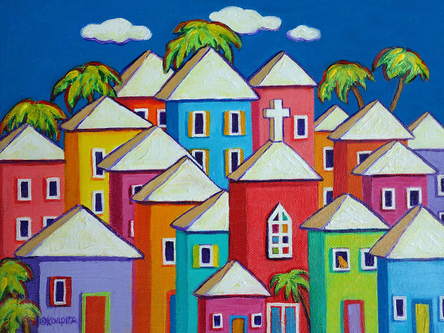 Colorful Houses Tropical Caribbean - Little Village Painting by Rebecca Korpita