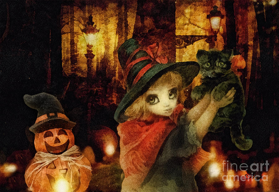 Little Witch Black Cat and Pumpkin Painting by Mo T