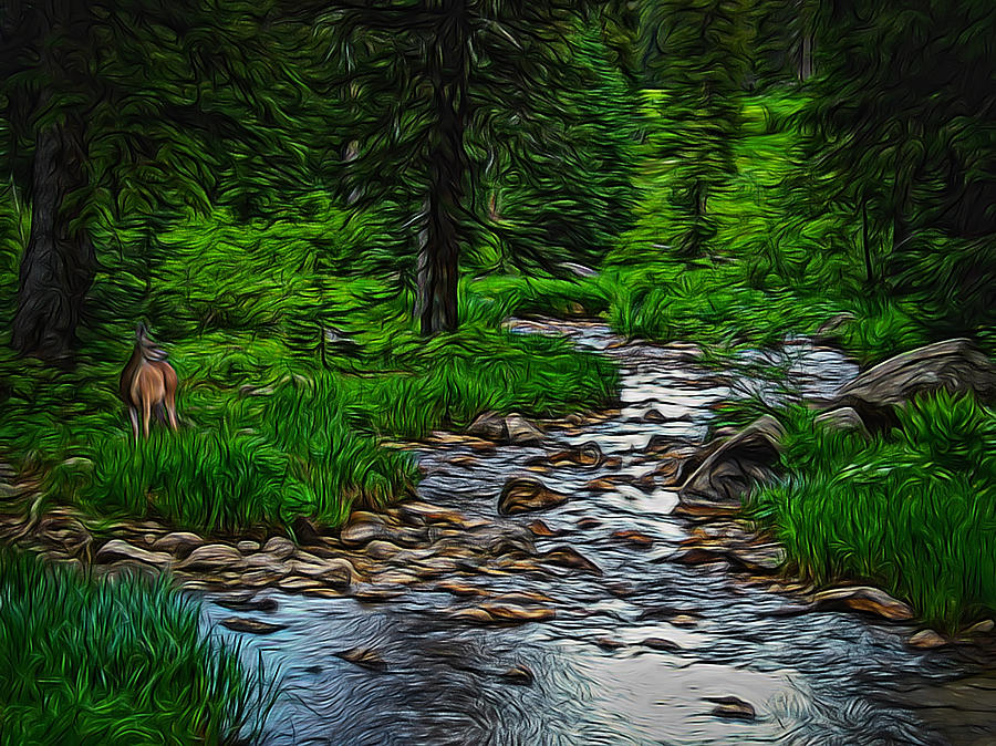 Tree Digital Art - Living Water with Deer Digital Art by Ernest Echols