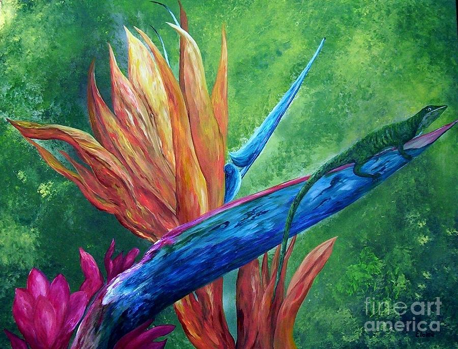 Lizard on Bird of Paradise Painting by Eloise Schneider Mote