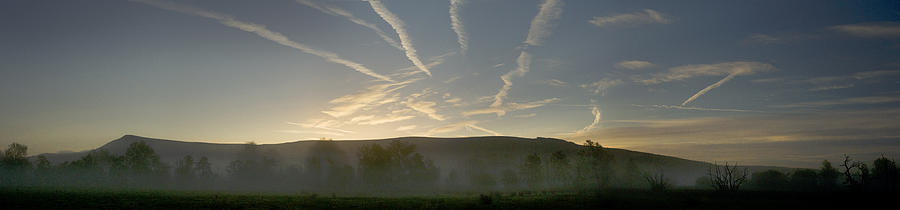 Llangors panorama Wales Mists and vapour trails at dawn Photograph by Tony Mills