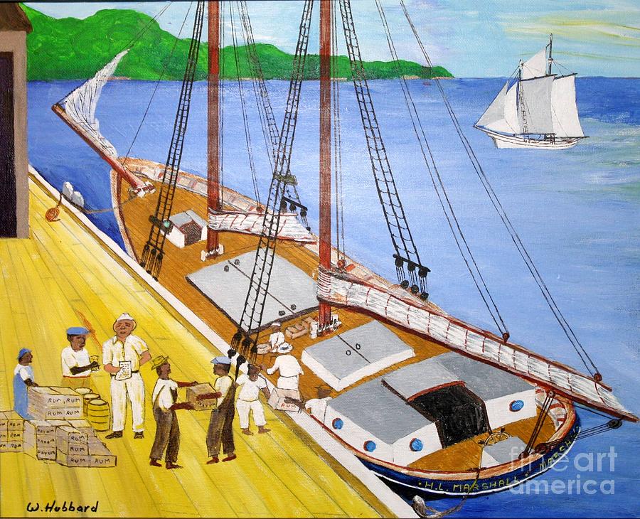 Schooner Drawing - Loading the sch. H.L.Marshall at Jamaica by Bill Hubbard