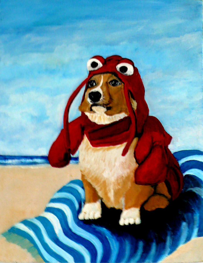 Lobster Corgi on the Beach Painting by Katy Hawk