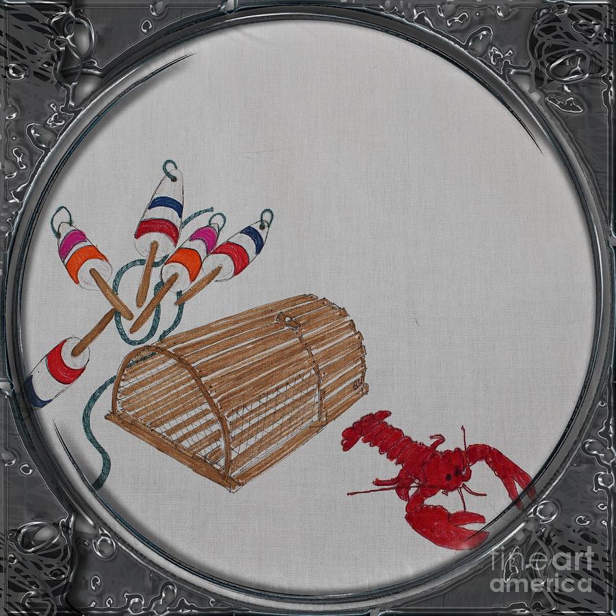 Lobster Pot and Buoys - Porthole Vignette Drawing by Barbara A