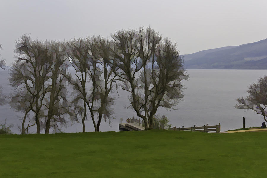 Loch Ness and boat jetty next to Urquhart Castle Digital Art by Ashish Agarwal