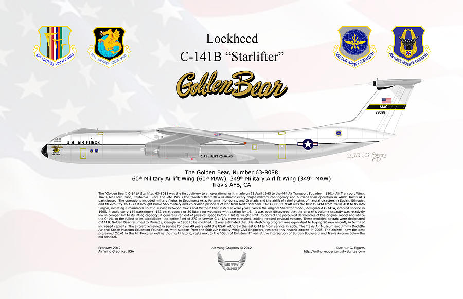 Lockheed C-141B Starlifter Golden Bear FLAG BACKGROUND Digital Art by Arthur Eggers