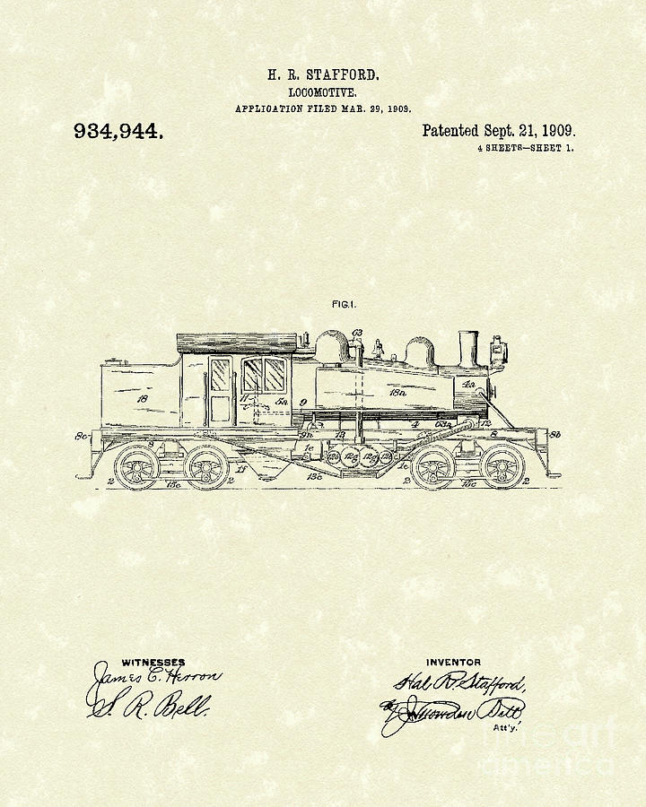Locomotive 1909 Patent Art Drawing by Prior Art Design