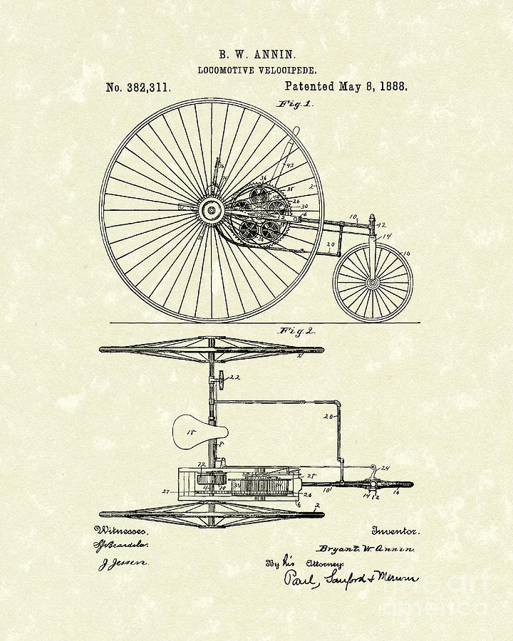 Locomotive Velocipede 1888 Patent Art Drawing by Prior Art Design