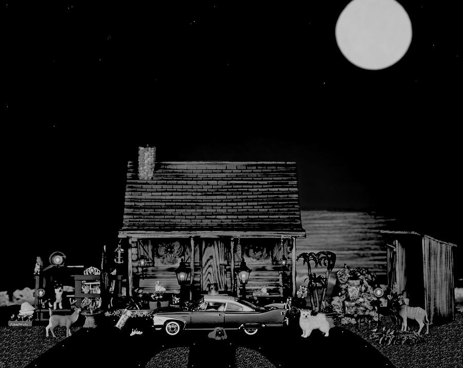Dog Photograph - Miniature Log Cabin Scene With The Old Vintage Classic 1960 Plymouth Fury In Black And White by Leslie Crotty