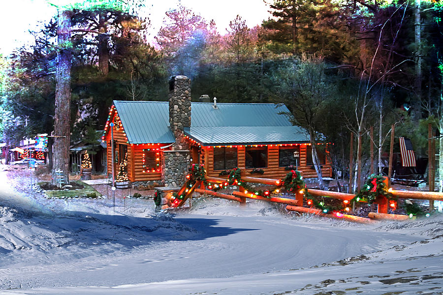 Log Home On Mount Charleston With Christmas Decoration Photograph