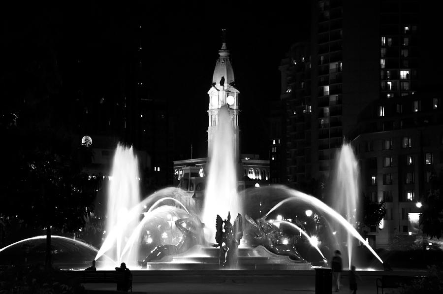 Philadelphia Photograph - Logan Square Fountain at Night in Black and White by Bill Cannon