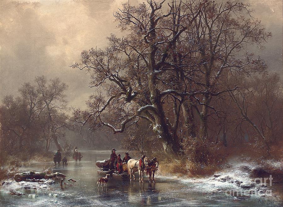 Horse Painting - Loggers on a frozen waterway by Heinrich Hofer