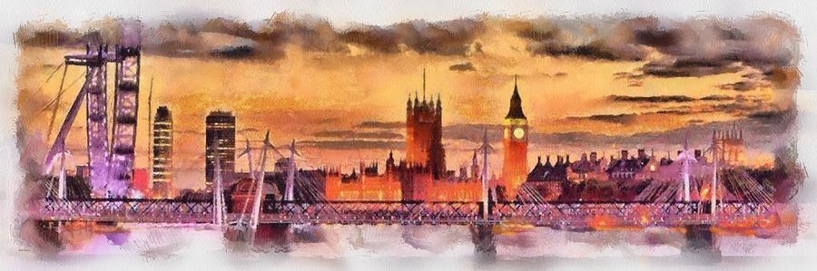 London Eye Painting - London at dusk panorama by Patrick OHare
