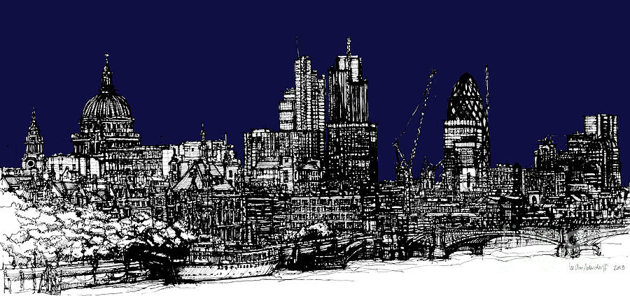 Dark Ink With Bright London Roofscape In Navy Blue Mixed Media