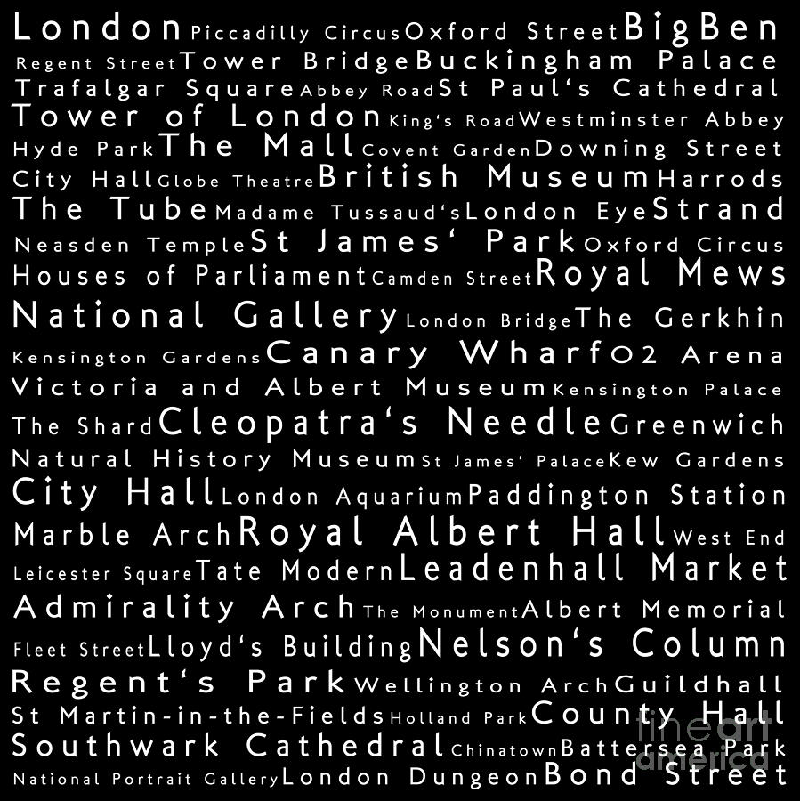 City Digital Art - London in Words Black by Sabine Jacobs