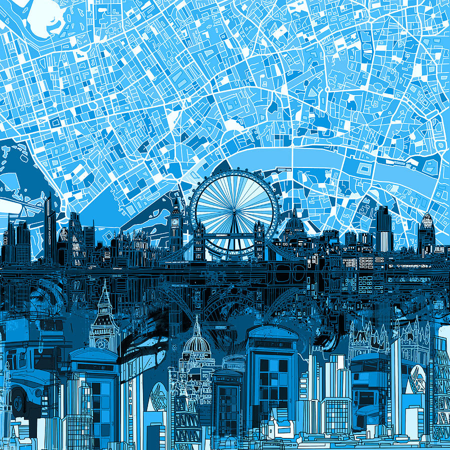 London Skyline Abstract Blue Painting by Bekim M