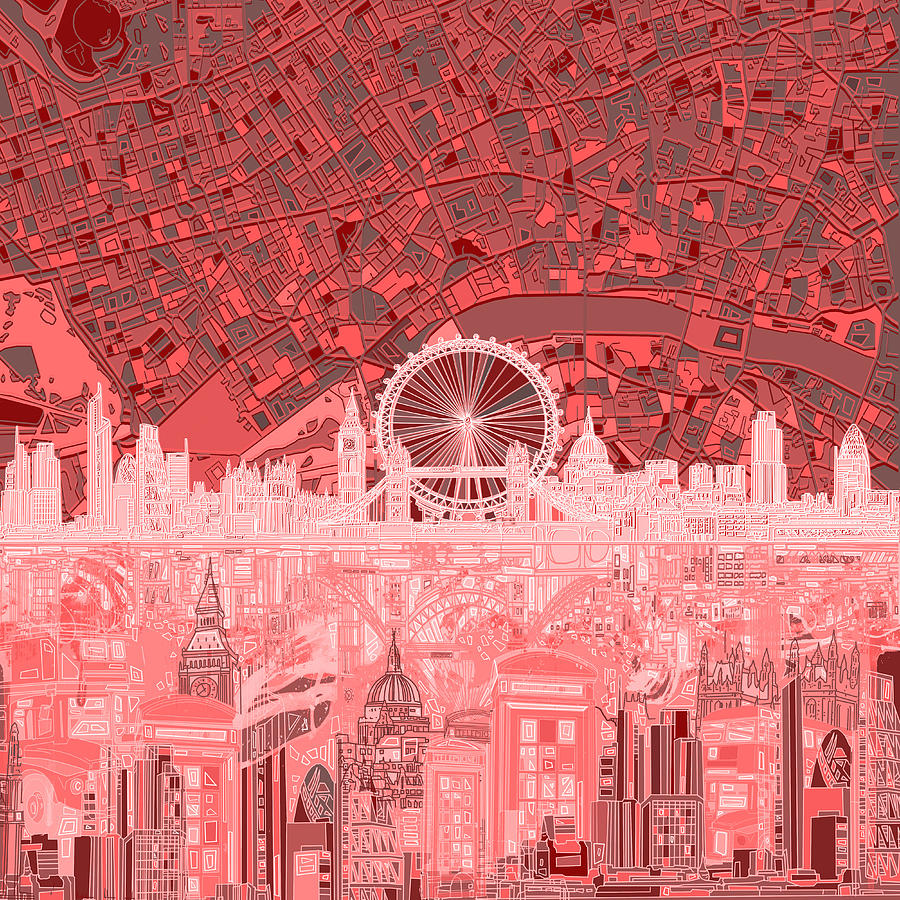 London Skyline Abstract Red Painting by Bekim M