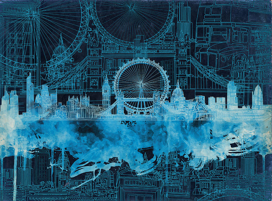 London Skyline Blue Waterolor Painting by Bekim M