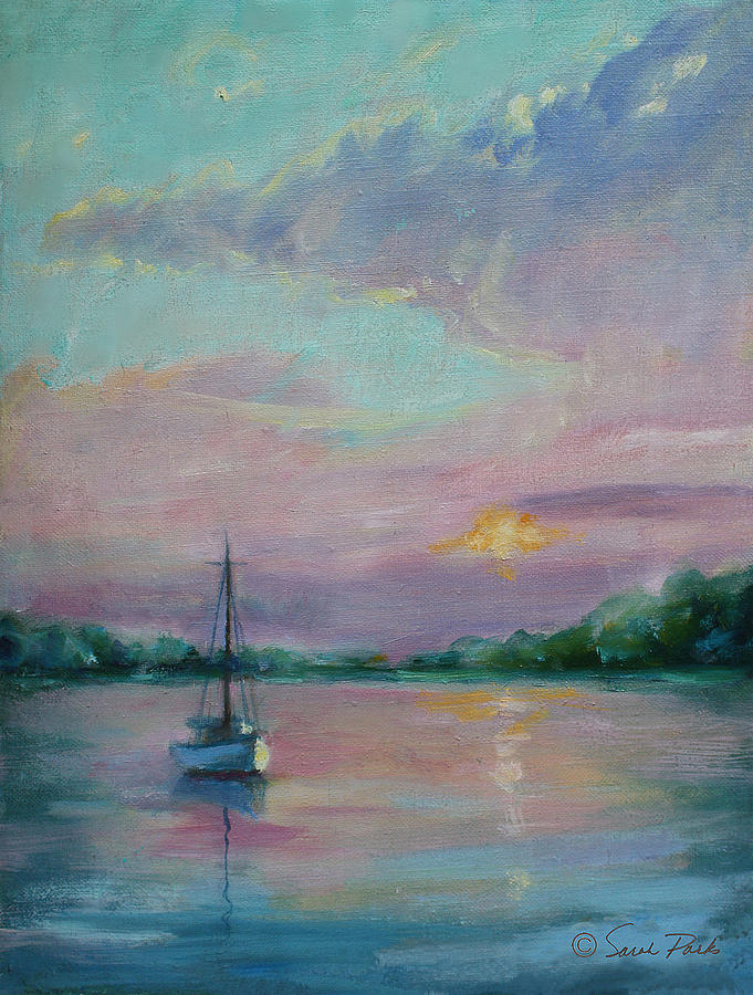 Lone Boat at Sunset Painting by Sarah Parks
