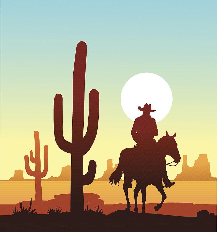 Lone Cowboy Riding in the Desert Drawing by VasjaKoman