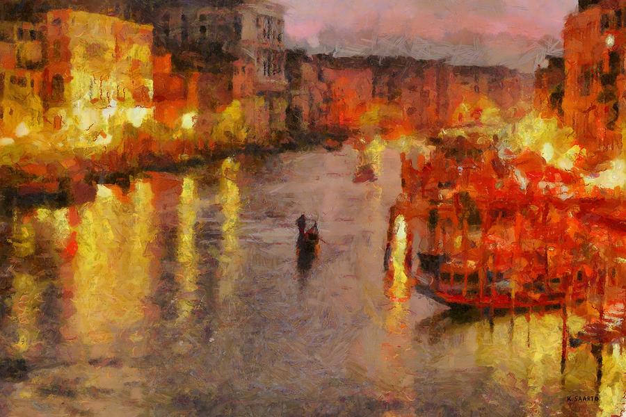Lone Gondolier at Night Painting by Kai Saarto