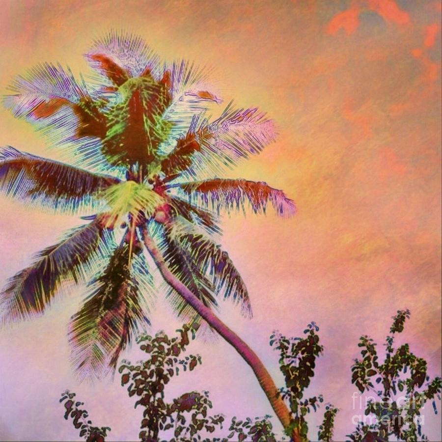 S Lone Palm Tree Against Orange Sky - Square Painting by Lyn Voytershark