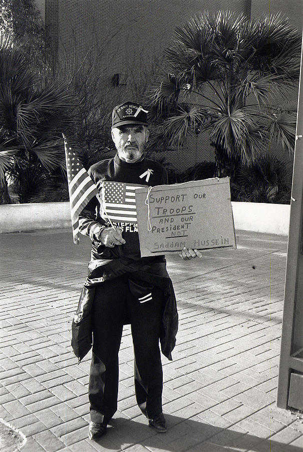 Lone pro-war supporter anti-Persian Gulf War rally Tucson Arizona 1991 black and white Photograph by David Lee Guss