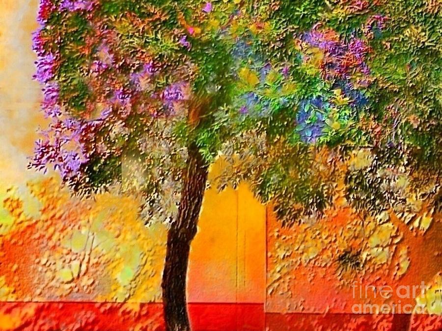 H Lone Tree Against Orange Wall - Horizontal Digital Art by Lyn Voytershark