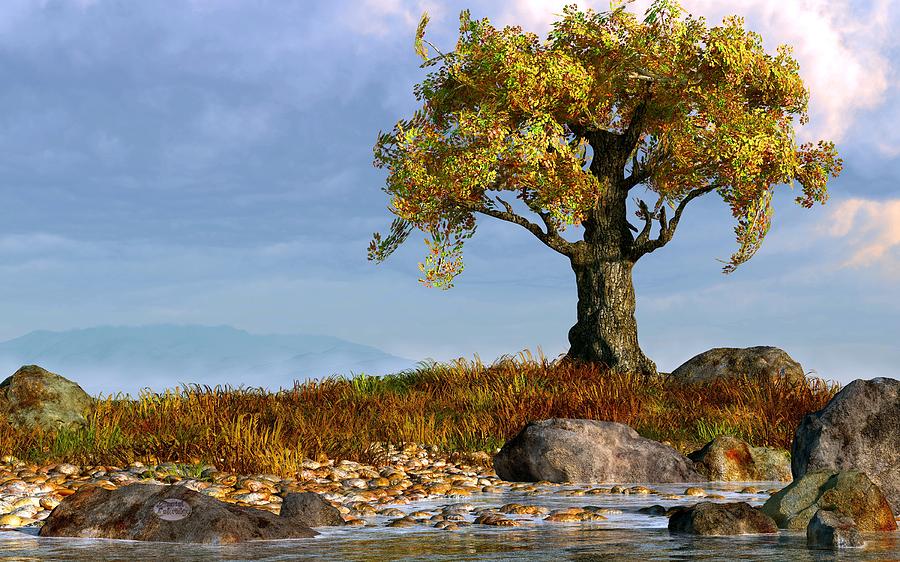 Landscape Digital Art - Lone Tree by a Stream by Daniel Eskridge
