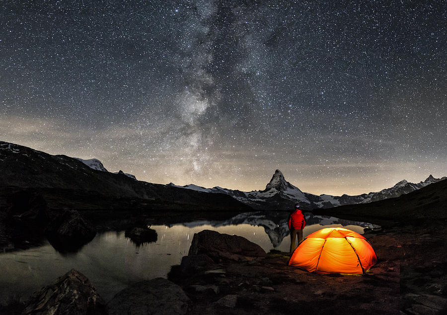 Loneley Camper under Milky Way at Matterhorn Photograph by DieterMeyrl
