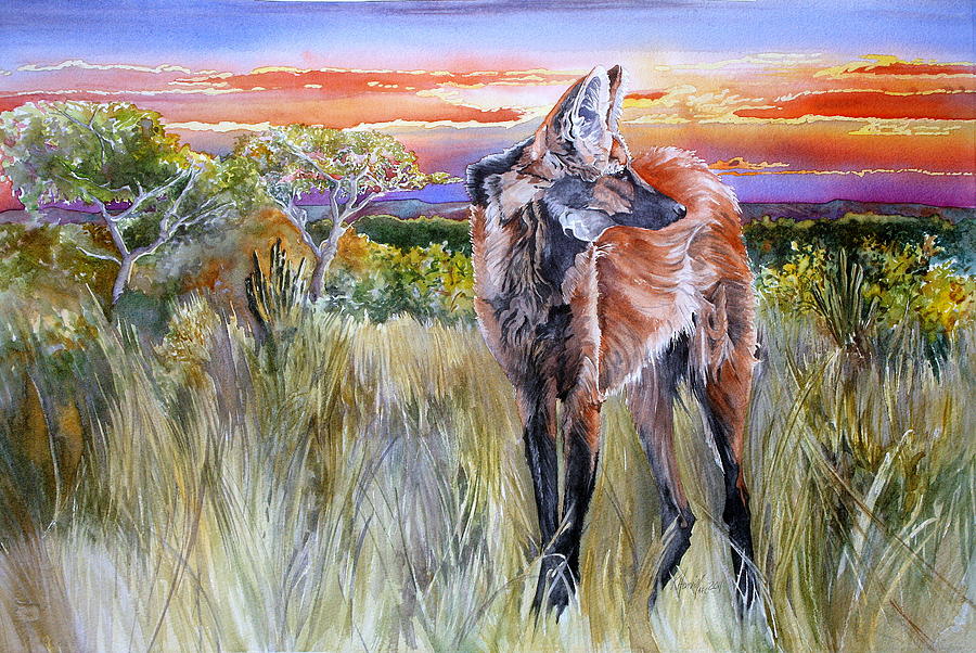 Maned Wolf Painting - Lonely Lobo Sunset by Kitty Harvill Maned Wolf Painting - Lonely Lobo Sunset by Kitty Harvill