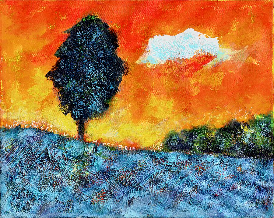 Lonely Tree Orange Sky Painting