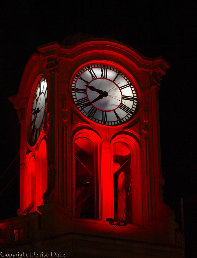 Long Beach Pine Ave. Clock Tower in Red Photograph by Denise Dube