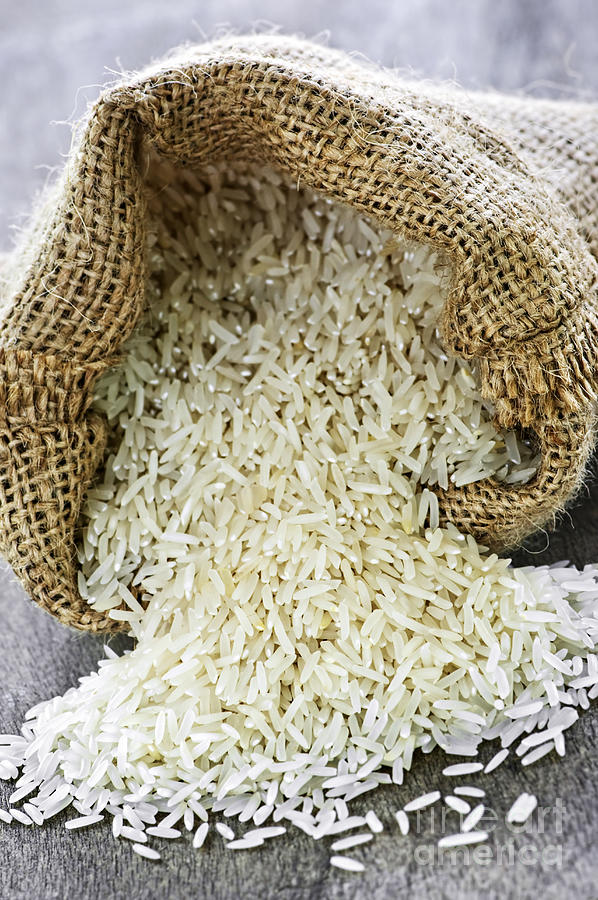 Long grain rice in burlap sack 2 Photograph by Elena Elisseeva