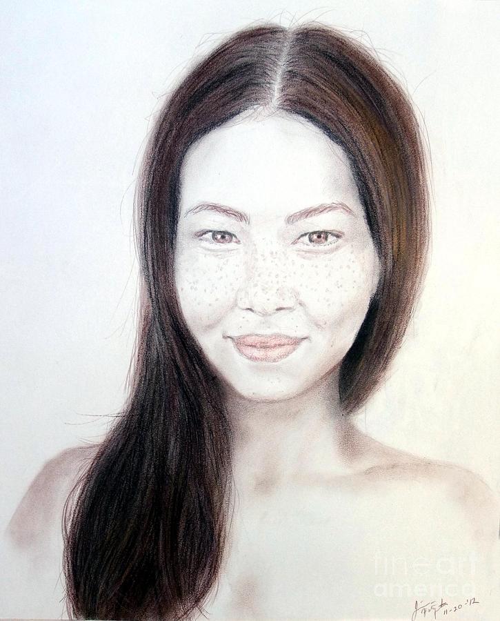 Portrait Drawing - Long Haired Natural Asian Beauty by Jim Fitzpatrick