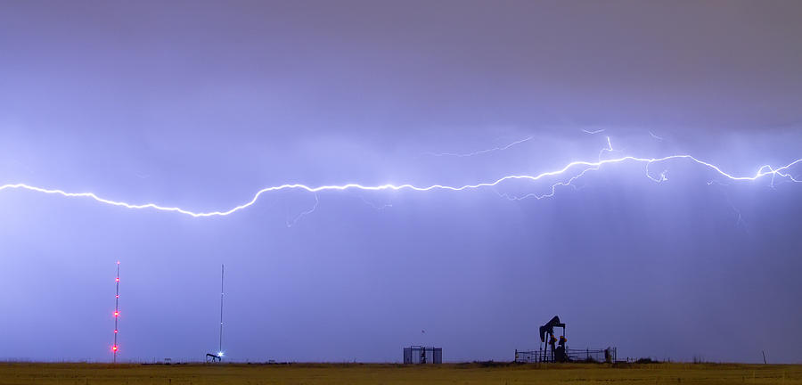 Landscape Photograph - Long Lightning Bolt Strike Across Oil Well Country Sky by James BO Insogna