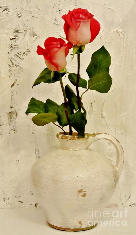 Still Life Photograph - Long Stemmed Red Roses In Pottery by Marsha Heiken