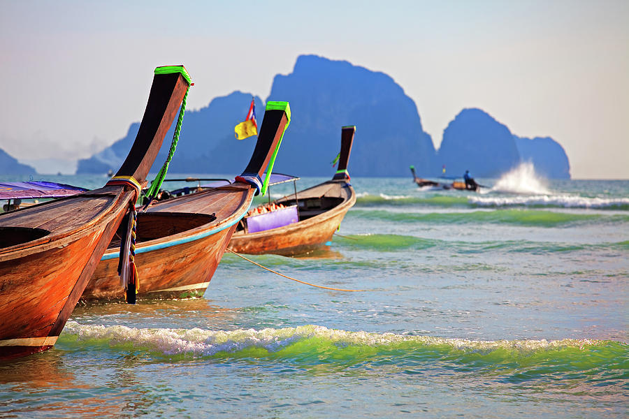 Long Tail Boats, Aonang Beach, Krabi Photograph by John W Banagan