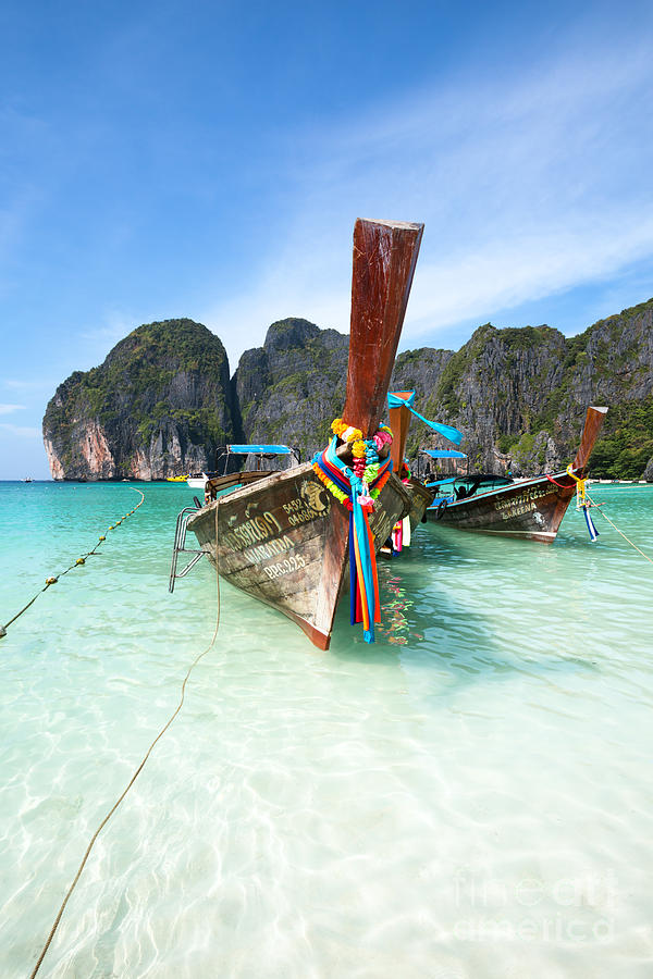 Paradise Photograph - Long tail boats at Maya beach - Ko phi phi - Thailand by Matteo Colombo