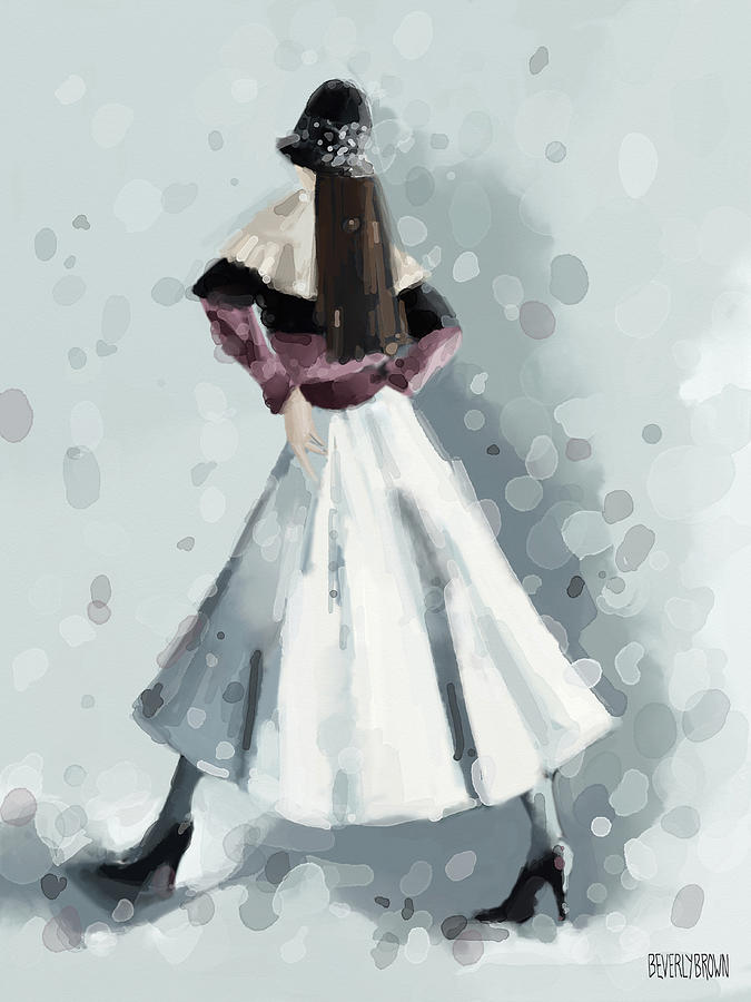 Long White Skirt and Black Sequined Hat Fashion Illustration Art Print Painting by Beverly Brown
