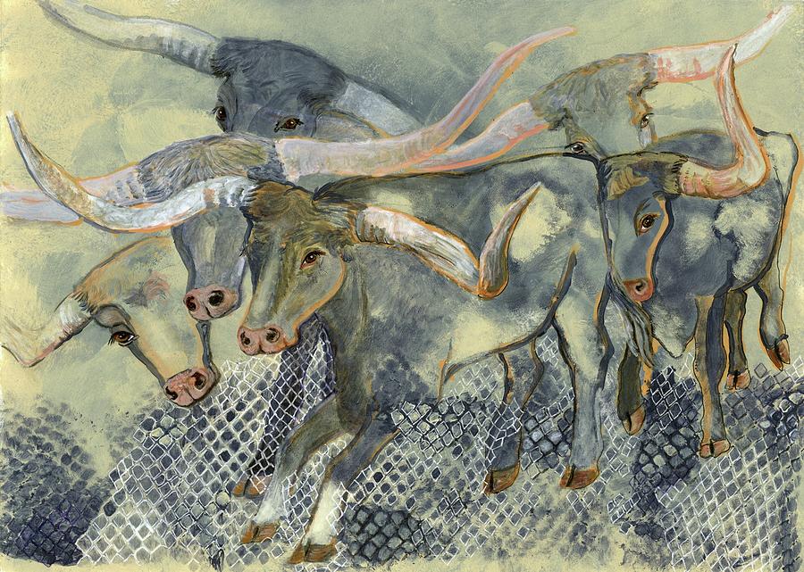 Cow Painting - Longhorn Cattle Drive by Dana Spring Parish