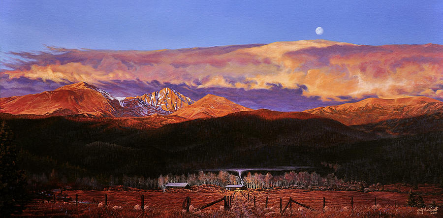 Longs Peak Sunrise Moonset Painting by Craig Burgwardt
