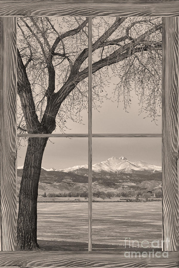 Longs Peak Winter Lake Barn Wood Picture Window Sepia View Photograph by James BO Insogna