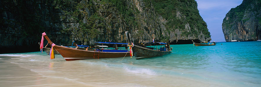 Nature Photograph - Longtail Boats Moored On The Beach, Ton by Panoramic Images