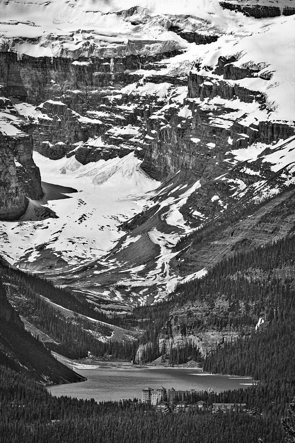 Looking Down at Lake Louise - Black and White Photograph by Stuart Litoff