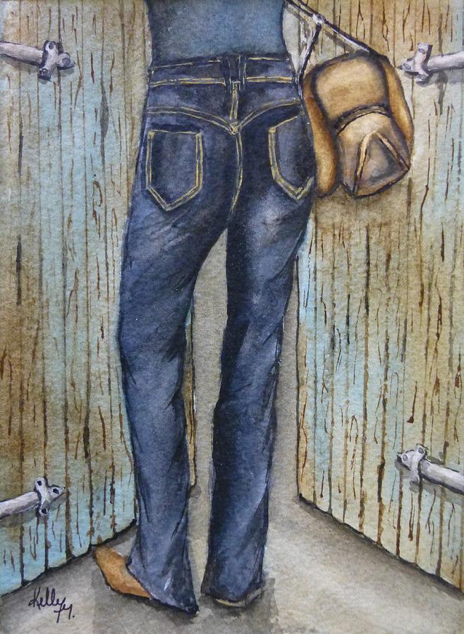 Blue Jeans a hat and looking good Painting by Kelly Mills