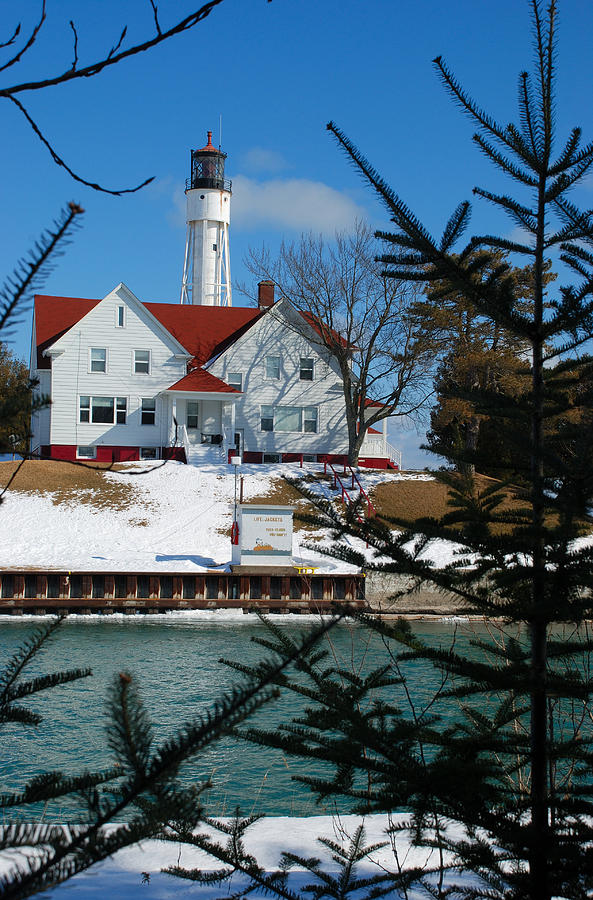 Winter Photograph - Looking Through The Pines - Sturgeon Bay Coast Guard Station by Janice Adomeit