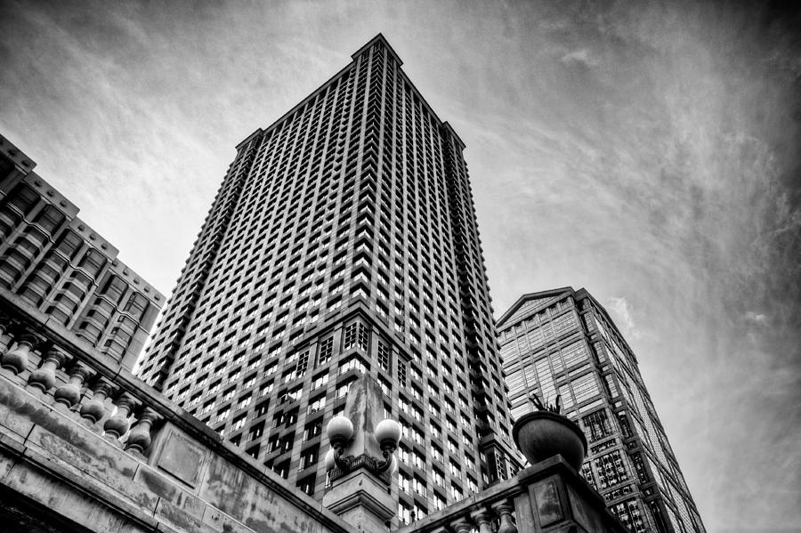 Looking up at a Skyscraper - Black and White Photograph by Anthony Doudt